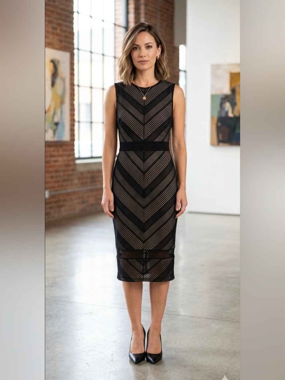 le chateau Black Sleeveless Mesh Chevron Midi Dress